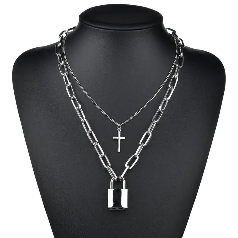 

Multilayer Lock Chain necklace Punk Link chain cross Lock pendant necklace women fashion gothic jewelry