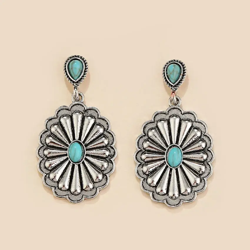 

Free Shipping Retro Silver Metalwork Embossment Flower Teardrop Turquoise Oval Drop Earrings for Women Vintage Bohemian Jewelry