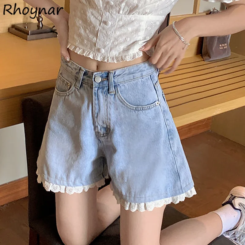 

Shorts Women Lace Sexy All-match Korean Patchwork Summer New High Waist Pockets Loose Denim Washed Vintage Blue Kawaii Ulzzang