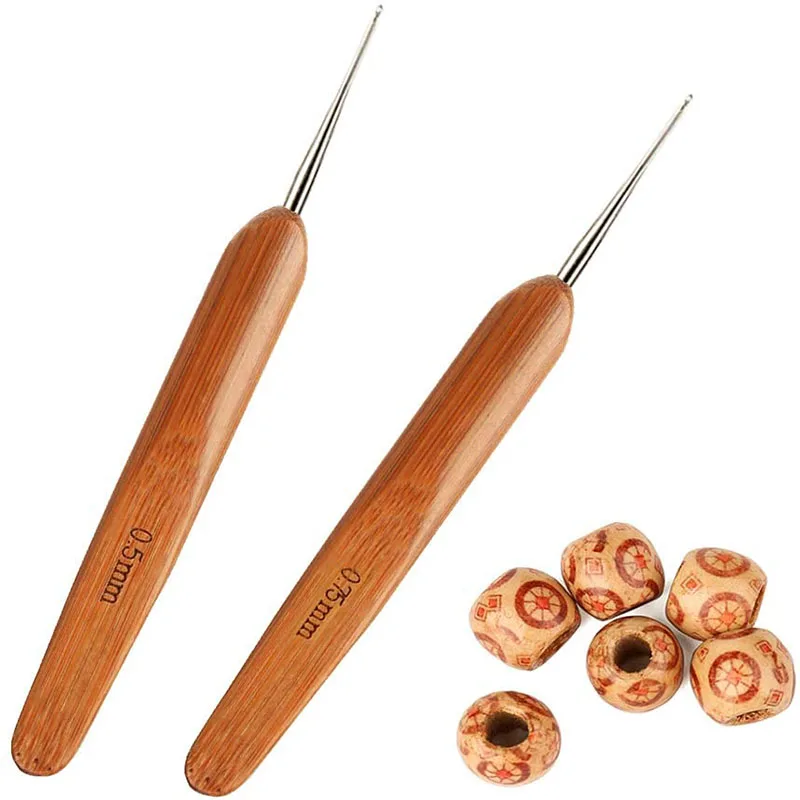 MIUSIE 2 PCS Bamboo Crochet Hook Knitting Needles With 6 Wood Beads Dreads Braiding Hair For Weave Sewing Needles Tool