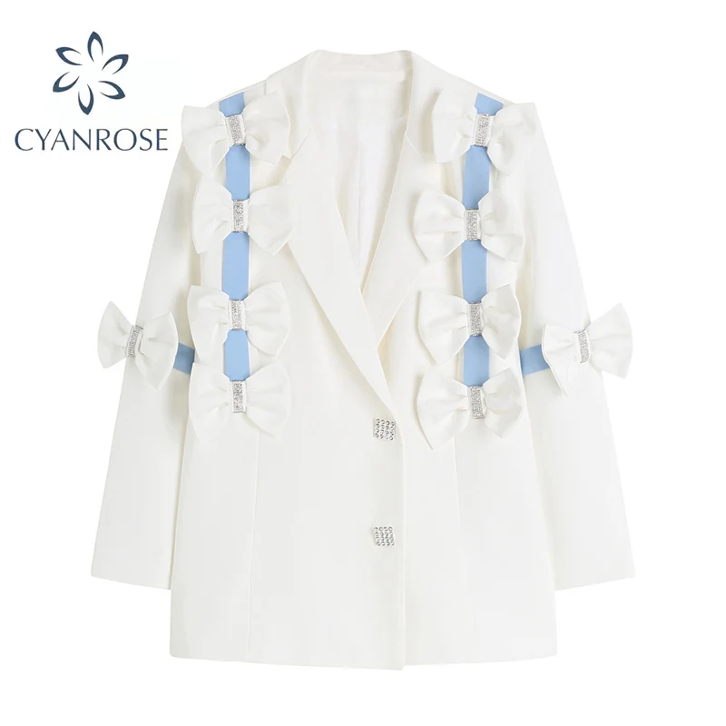 

Женский блейзер, куртка, белый однотонный осенний трендовый дизайнерский пиджак с бантом, с длинным рукавом, на одной пуговице, корейский ко...