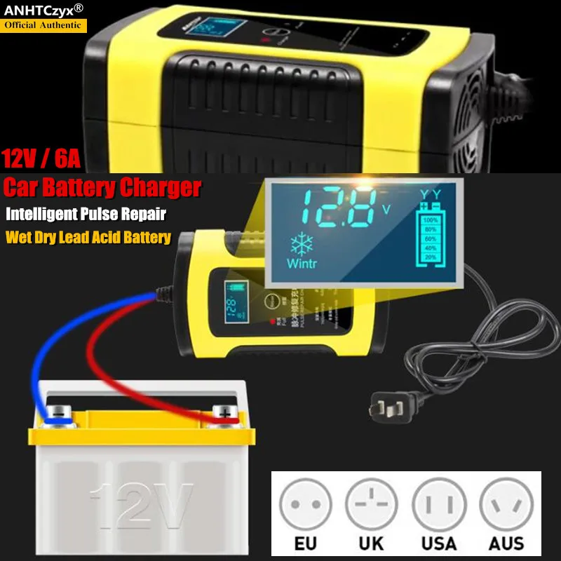 

12V 6A Automatic Car Battery Charger Power Intelligent Pulse Repair Chargers Dry Wet Lead Acid AGM Battery-charger LCD Display