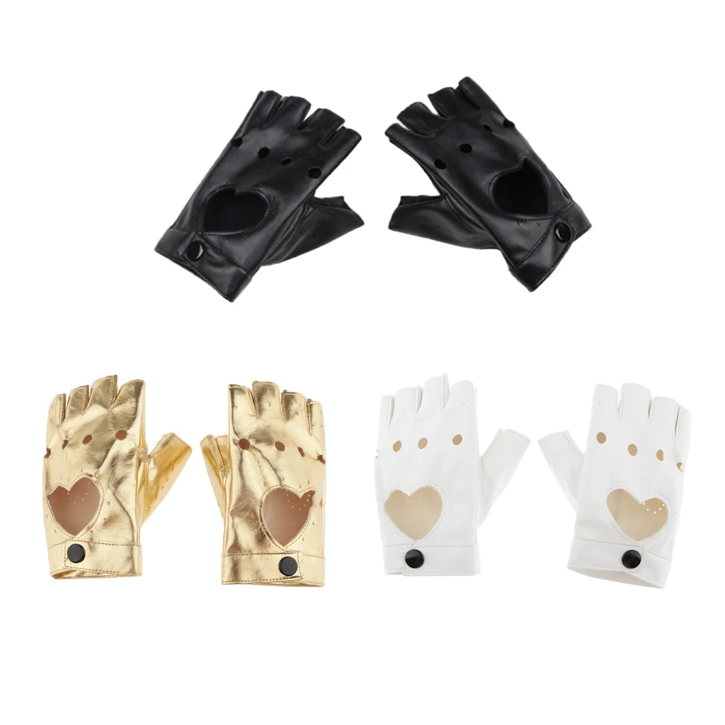 

Fashion Half Finger Gloves Decorated with Hollow Holes and Heart Design Punk Rock Dancing Leather Mitten for Women