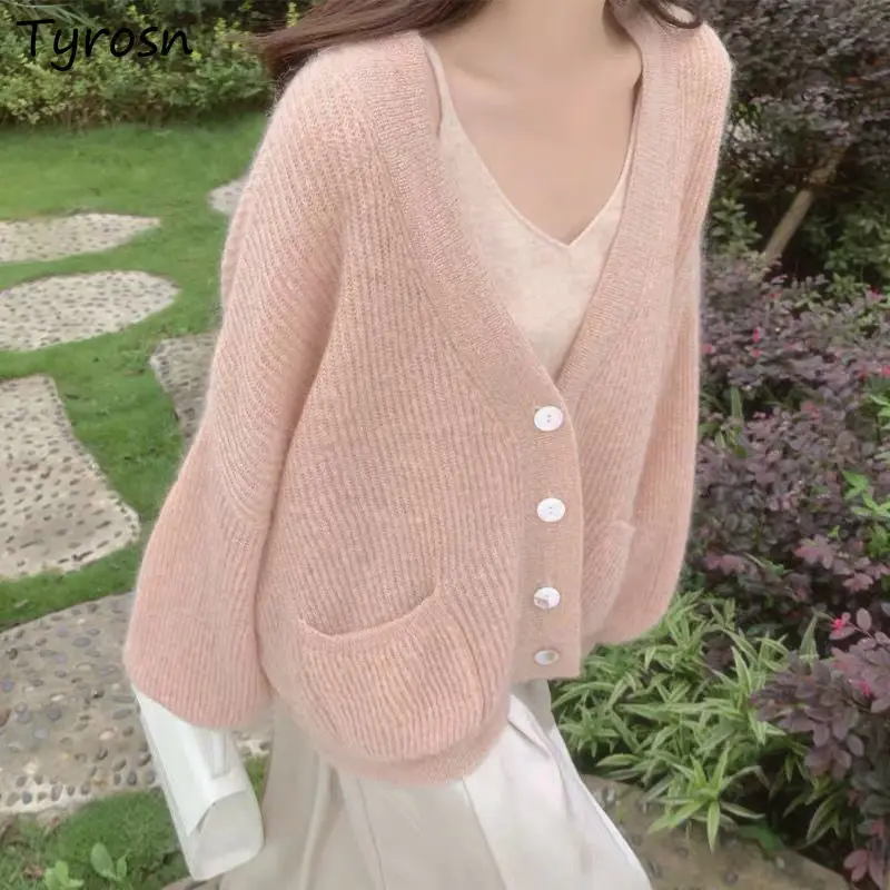 

Women Solid Cardigans V-neck Tender Elegant Loose All-match Ulzzang Lantern Sleeve Retro Sweet Soft Sweaters Knitted Cozy Trendy