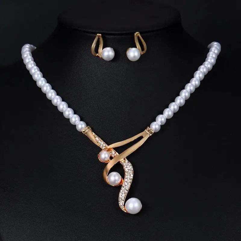 

Elegant Personality Women Bridal Engagement Alloy Simulated Pearl Crystal Necklaces Earring Jewelry Set