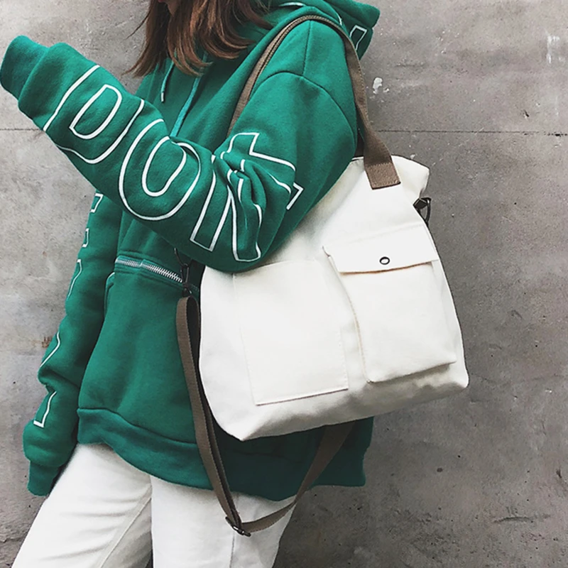 

Casual Women Large Capacity Canvas Bags Solid Color Retro Ladies Portable Eco Tote Bags Fashion Girls Shoulder Bags