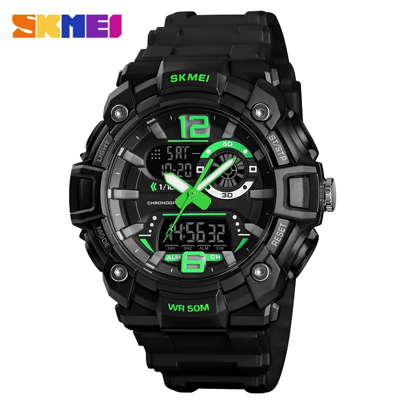 SKMEI Sport Men Watch Digital Watch Fashion Dual Display 5Bar Waterproof Luminous 3 Time Multi-Function watch montre homme 1529 - Цвет: Зеленый