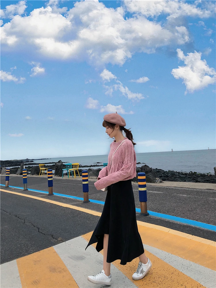 Женские вязаные юбки, осень и зима, новинка, ретро стиль, a-lineskirt, высокая талия, длинная юбка, черный, серый, хаки, нестандартная плиссированная юбка