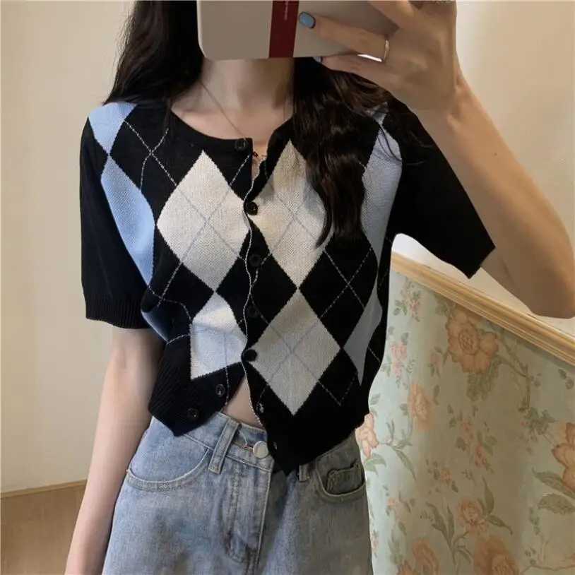

Кардиган с коротким рукавом женский, маленький жакет в стиле ретро, студенческий Топ контрастных цветов, тонкая вязаная короткая куртка со ...