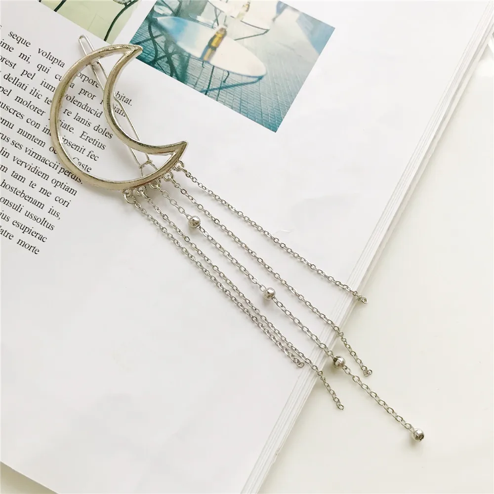 

1Pcs Silver Hollow Star Moon Shape Hair Clips Delicate Alloy Tassel Hairpin For Elegant Women Girls Classical Hair Accessories