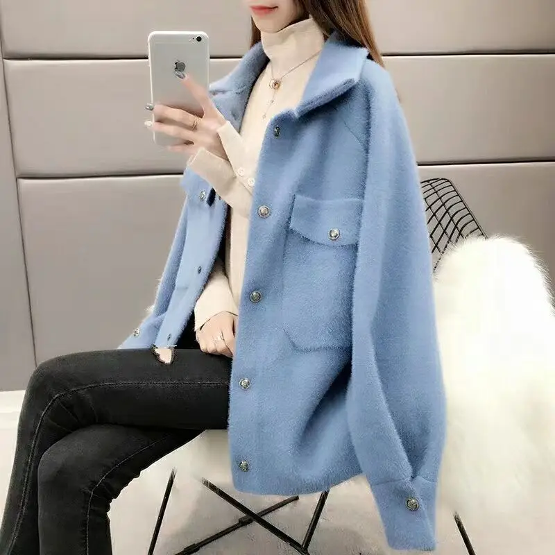 2021 Женский вязаный свитер кардиганы длинный рукав однобортный с карманами