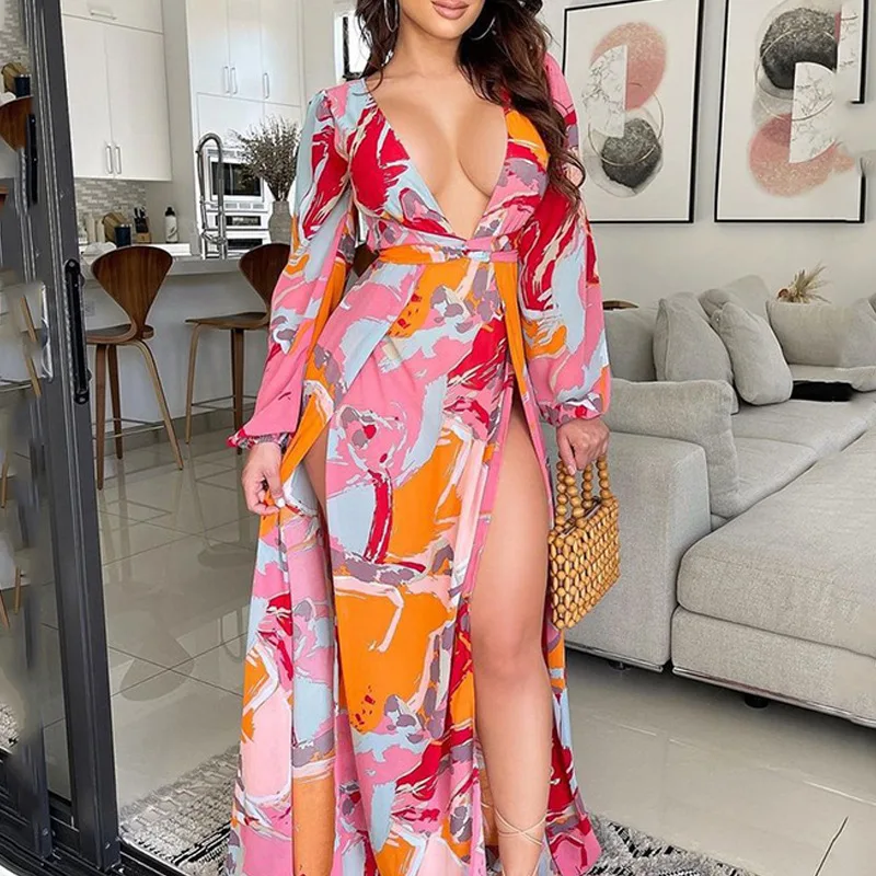 

Sexy Women Summer Casual Dress Colorful Print V Neck Loose Streetwear Dress Femme Long Sleeve Patchwork High Wasit Dress Vestido