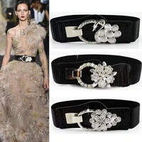 new style diamond studded alloy pair buckle woman elastic waist seal black lmitation crocodile leather width dresses formal belt