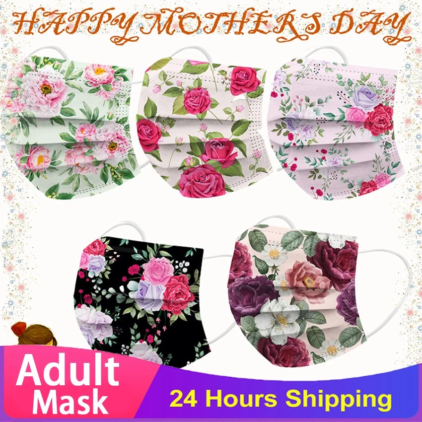 

50pcs Adult Floral Printed Masks Mouth-muffle Disposable Flower Pattern Face mask 3 Layer Ply Meltblown Cloth Filter Facemask
