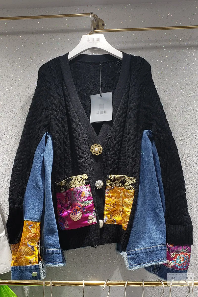 

European 2020 Autumn New Chinese Stitching Design Denim Patch Cardigan Sweater Loose Batwing Black Knitwear Open Stitch Women