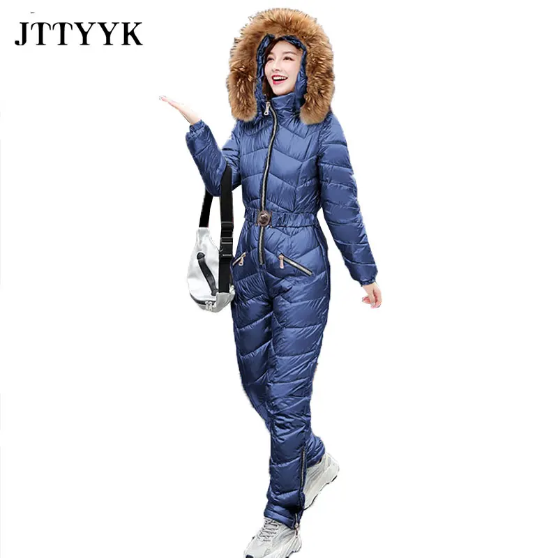 

JTTYYK New Winter Women's Hooded Jumpsuits Parka Cotton Padded Warm Sashes Ski Suit Straight Zipper One Piece Casual Tracksuits