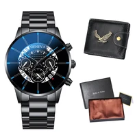 2pcs men watches 2021 luxury leather wallets gift set for men black stainless steel quartz wristwatches reloj%c2%a0para%c2%a0hombre