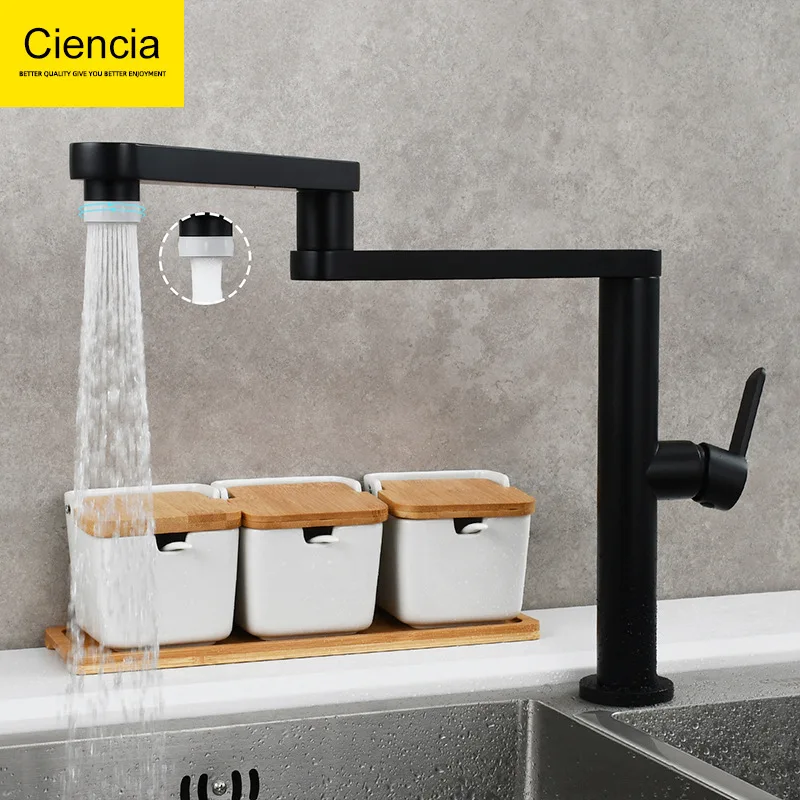 

Brass Folding Kitchen Faucet Rotatable Kitchen Sink Faucet Hot & Cold Water Mixer Tap Single Handle Dual Functions Tap