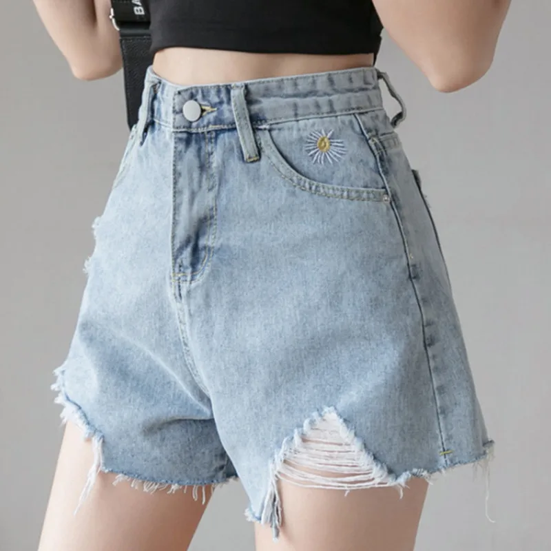 

Woman Jeans Shorts Ripped Clothes High Waisted 2021 Summer Streetwear Baggy Wide Leg Vintage Fashion The New Blue