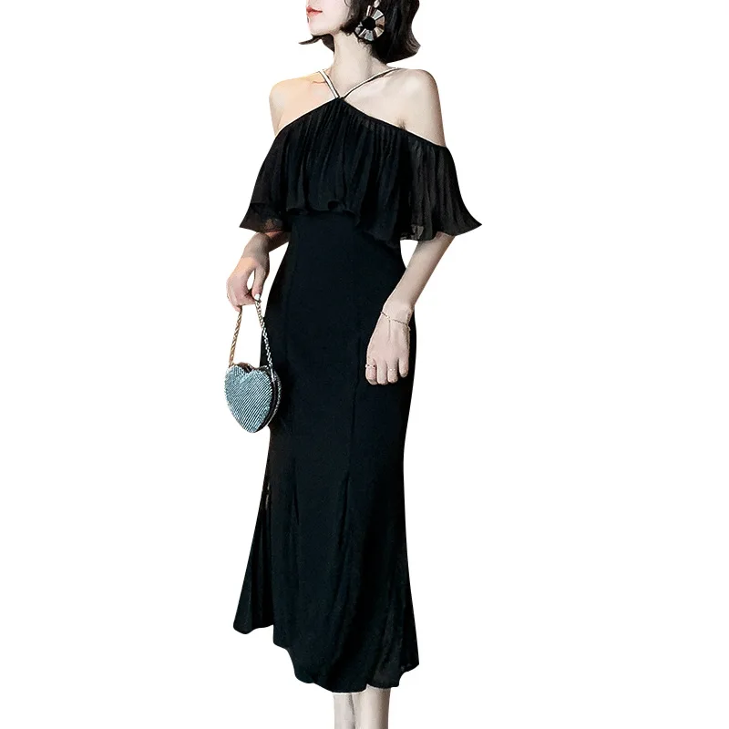

2021 Summer New Women's Mid-skirt Celebrity Style Sexy Halter Neck Halter Ruffled Waist Fishtail Skirt Dress