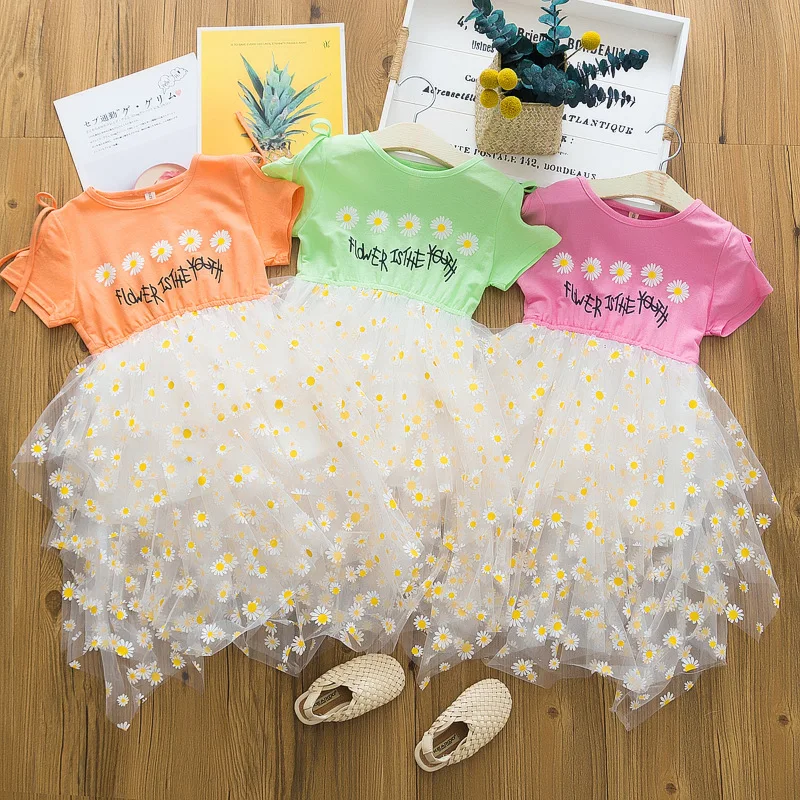 Детская одежда платье сетчатые Платья с коротким рукавом для девочек детские