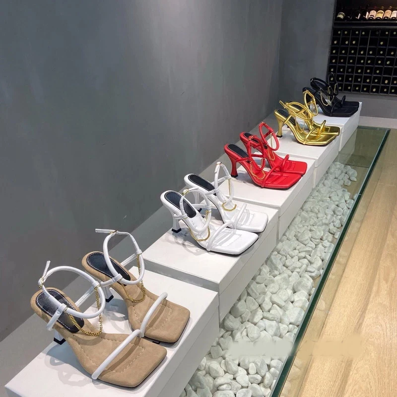 

2021 Summer fashion leather sexy square head open toe metal chain decoration party high heels sandals dress shoes ladies