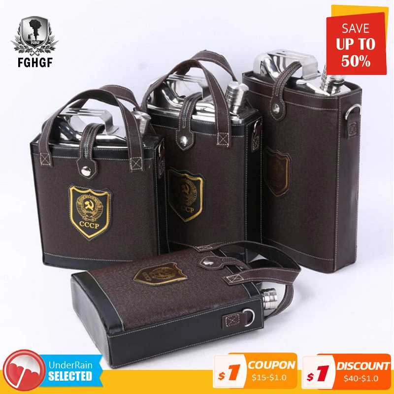 

Вместительные фляжки из нержавеющей стали 88 унций 108 унций 128 унций, бедра, классический дизайн, кожаная сумка, фляга для виски, вина, удобная ...