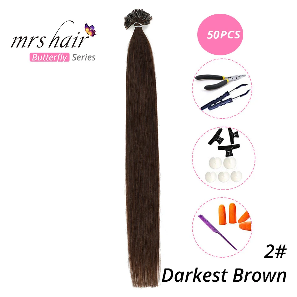 MRS HAIR, 1 г/шт., 14 дюймов, 16 дюймов, 20 дюймов, 24 дюйма, накладные волосы, прямые волосы Remy Nail, кератиновые человеческие волосы, 50 шт - Цвет: KUT02-50