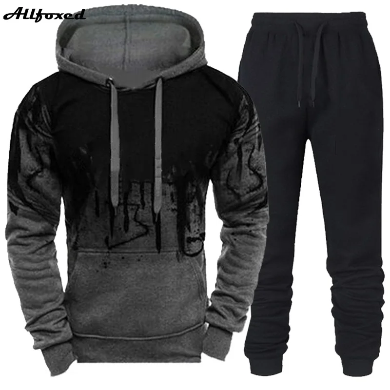 

Tracksuit Set Outfits Autumn Winter Men's 2 Piece Set Warm Splash-Ink Print Casual Long Sleeve Oversize Hoodie Top+Sweatpant