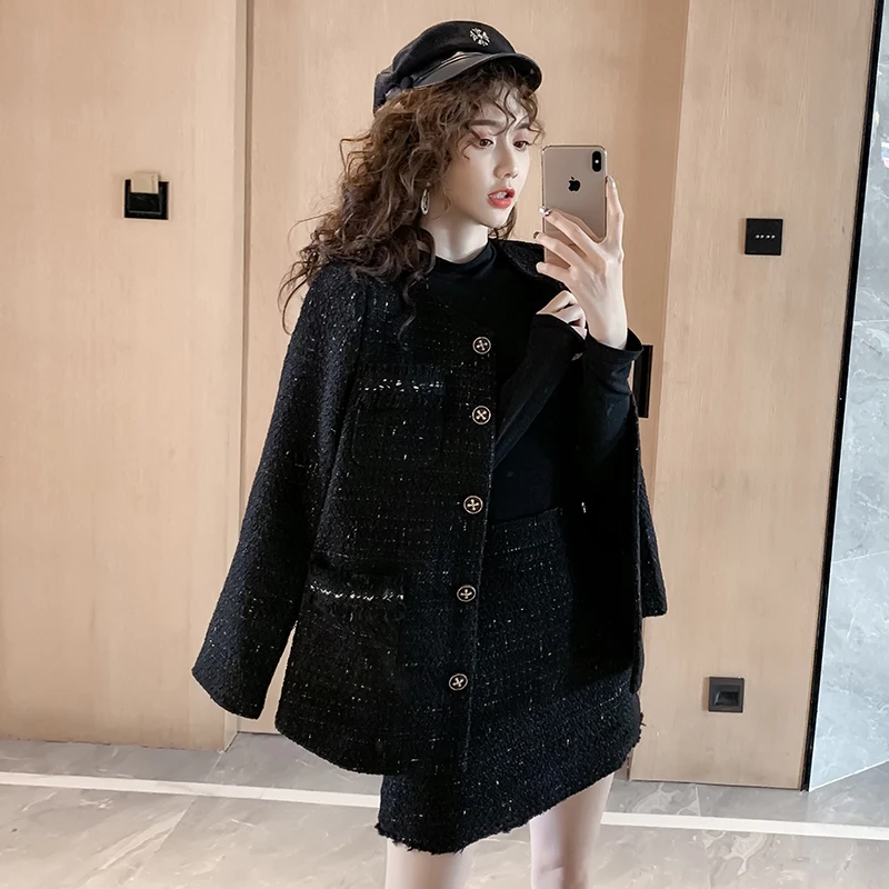 Black Tweed Blazer Skirt Two Piece Sets Autumn Winter New Ladies Tweed Jacket+ Skirt Coat Women Suits Clothes Wholesale