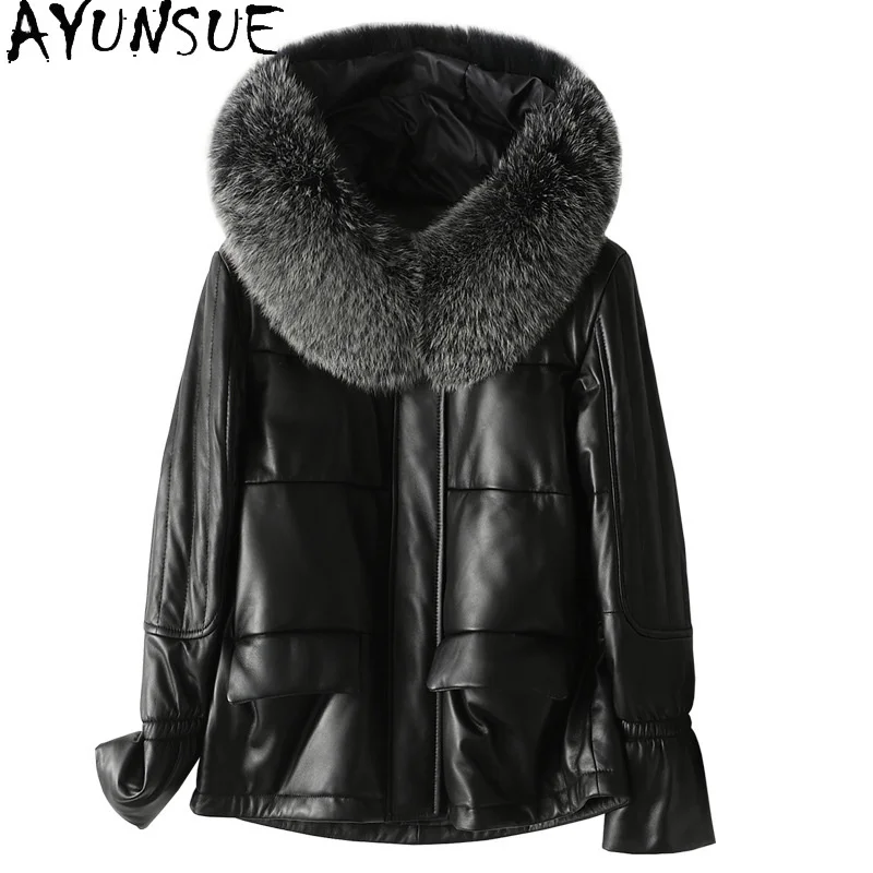 

Женский пуховик из натуральной кожи, с воротником из лисьего меха и капюшоном