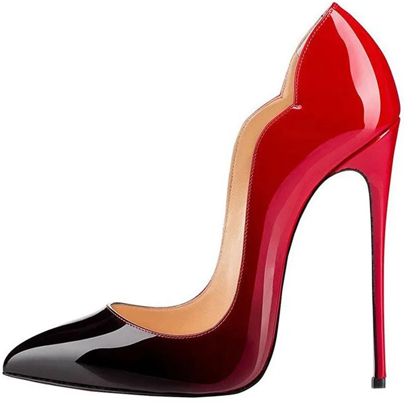 Richealnan Women's Pointed Toe Shiny patent leather12CM Thin Heels Wedding Black And Red  Stiletto Shoes