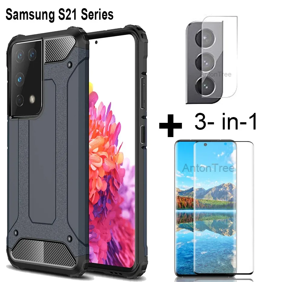 

For Samsung Galaxy S21 Ultra S21+ 5G Phone Case 3 in 1 Camera Lens +Tempered Glass + Heavy Duty Armor Cover Durable Casing Cover