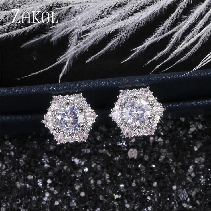 Женские серьги-гвоздики ZAKOL классические круглые серьги с фианитами ААА