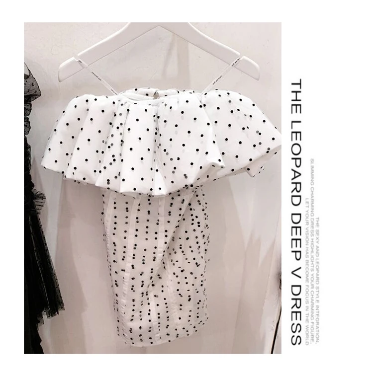 

Retro Sexy Bandeau Strap Sleeveless Slip Dress Women 2021 Spring White Polka Dot Short Mini Dress Ruffles Straight Dress