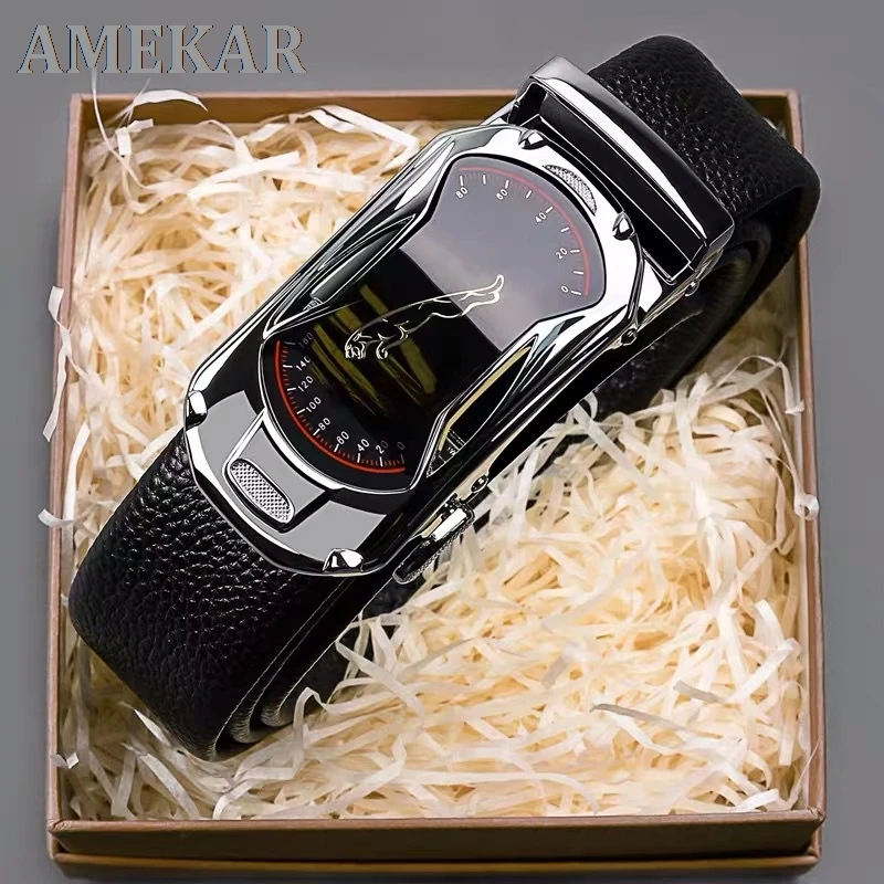 

Sports Car Brand Men Genuine Leather Belts 3.5cm Width Automatic Buckle Fashion Business Black Cow Leather Belt
