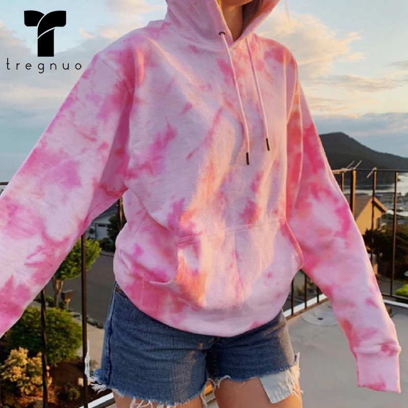 TREGNUO 2021 Hoodie Women Tie-Dye Printing Long Sleeve Loose Coat Autumn And Winter Woman Pullover | Женская одежда