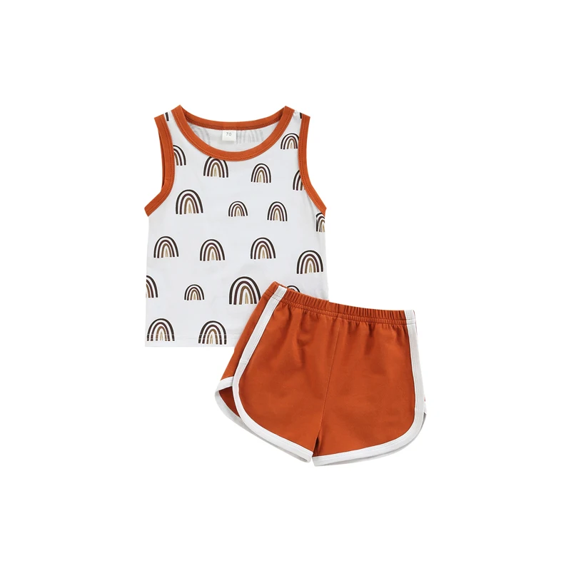 

Newborn Baby Clothes 2PCS Set Round Neck Sleeveless Rainbow Pattern Printed Summer Vest Elastic Waist Shorts Outfits