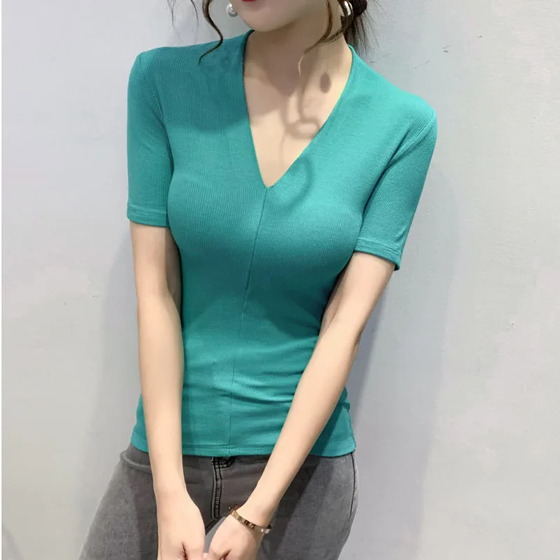 

Black Pink Basic T-shirt Women Casual Sexy Slim V-Neck Tshirt Short Sleeve Tee Shirt Femme 2020 Summer Korean Womens Clothing