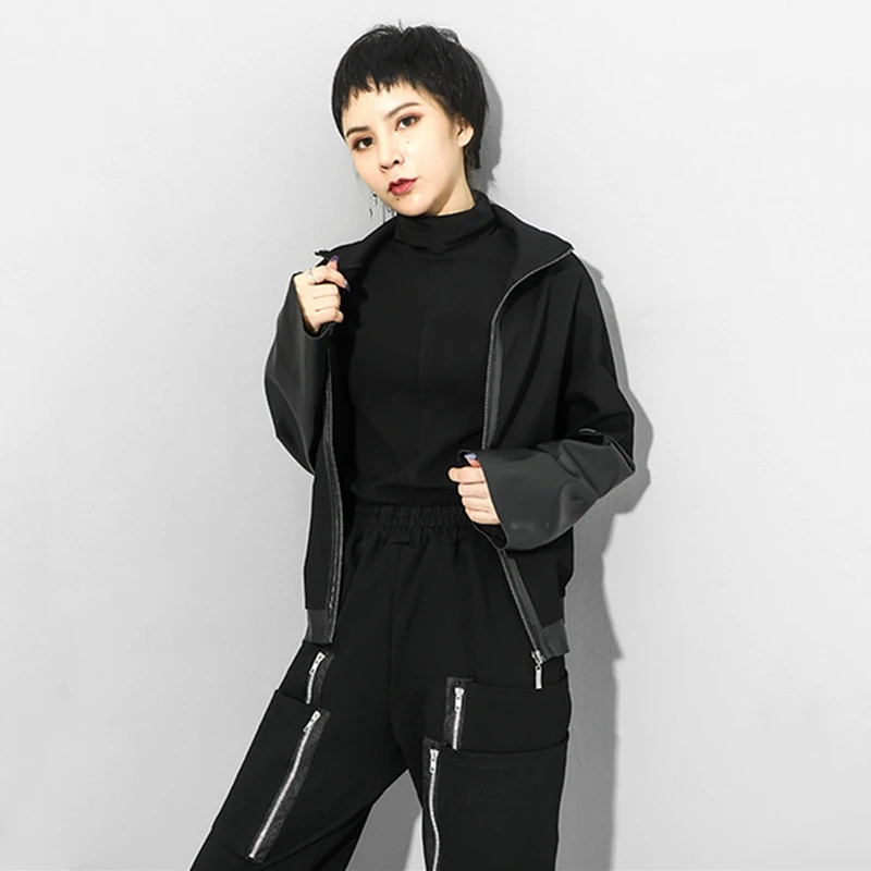 Patchwork PU Leather Black Oversized Jacket Women Autumn Winter 2021 Zipper Loose Causal Coats Jackets Vintage Clothes Cardigan