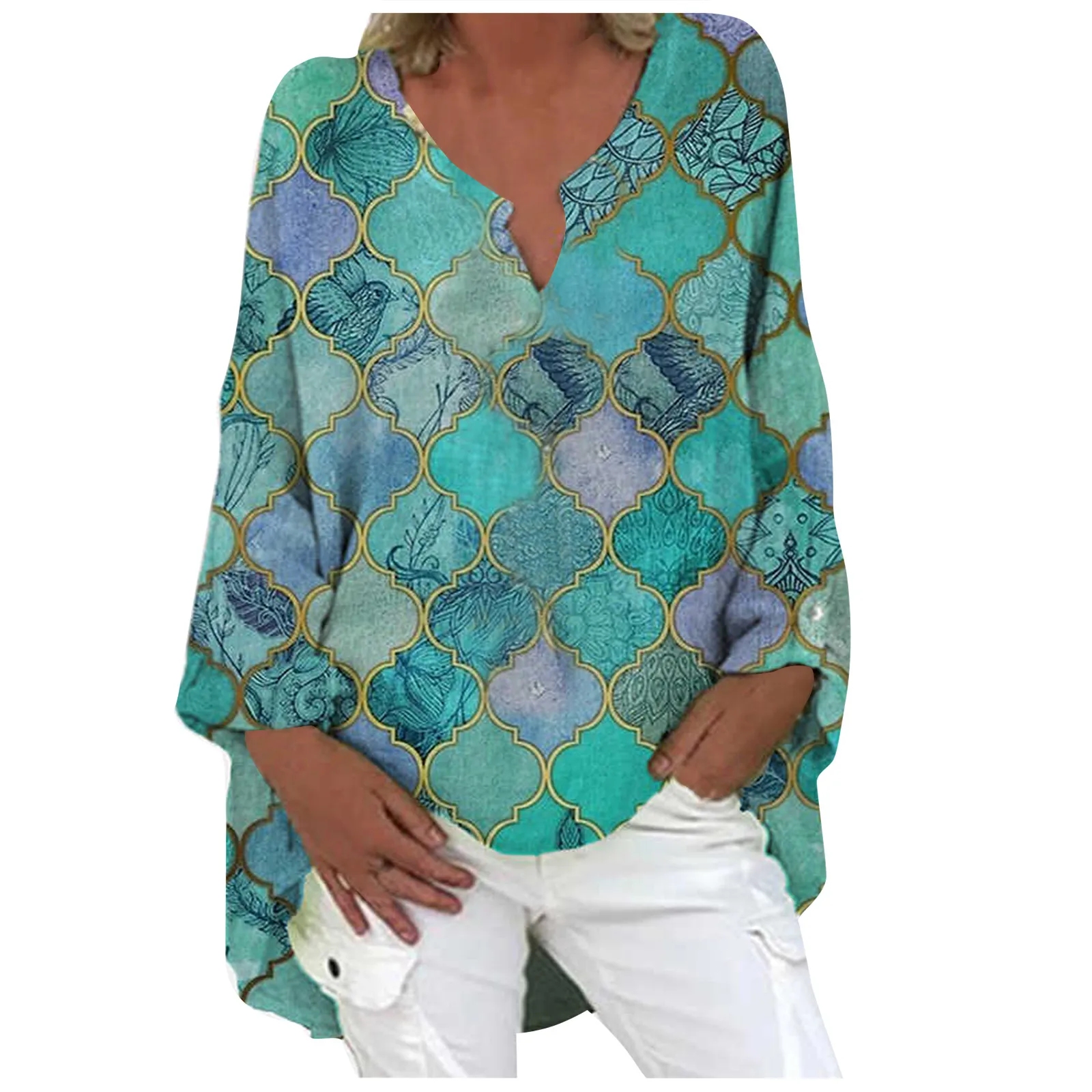 

Размера плюс M-3XL для женщин с длинным рукавом Свободные футболки с v-образным вырезом в винтажном стиле в клетку с геометрическим рисунком и ...