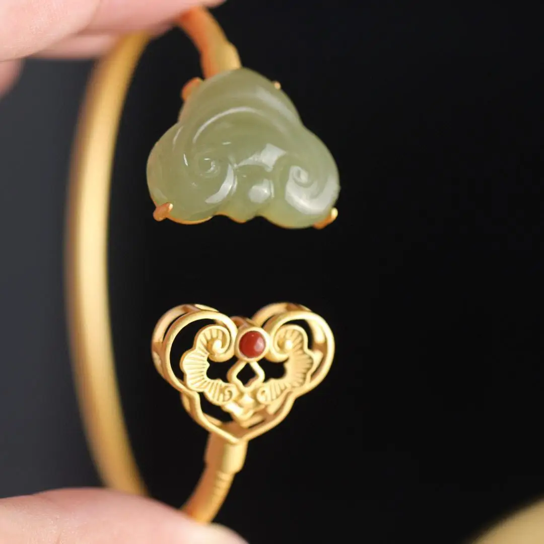 

Designer unique creative silver inlaid Hetian jade opening jade bracelet Chinese style retro charm lady brand silver jewelry