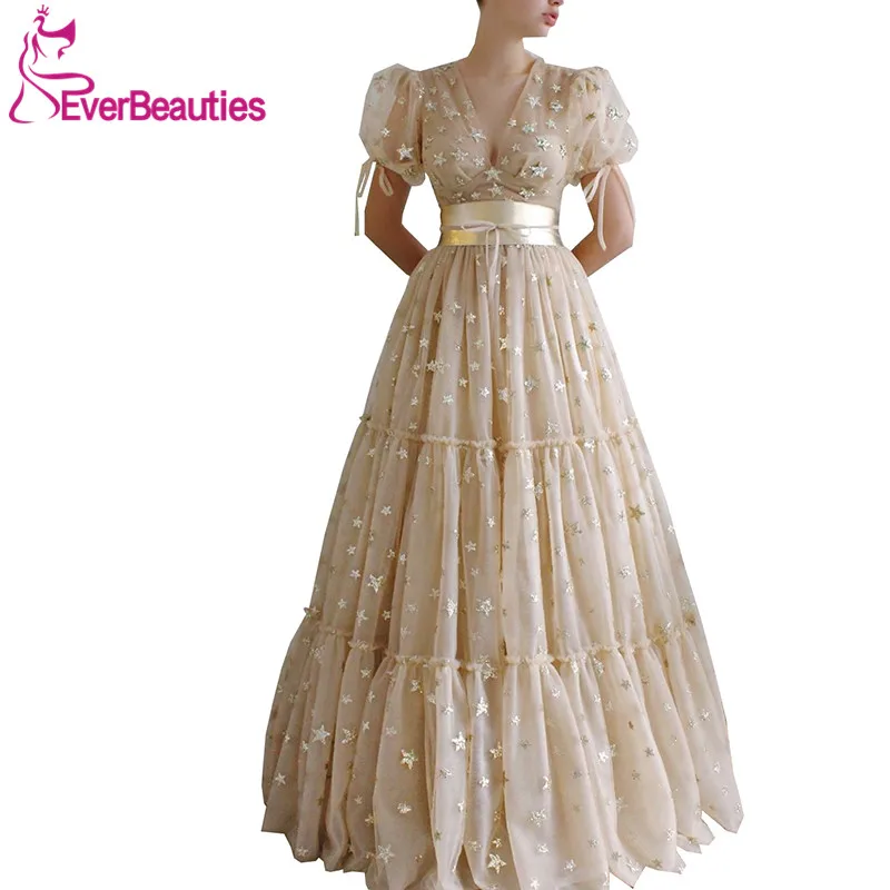 

Женское длинное вечернее платье, бальное платье из тюля со звездами и аппликацией, с V-образным вырезом и коротким рукавом, 2020