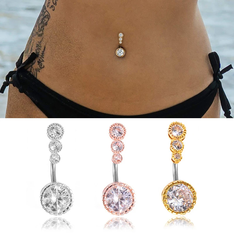 

Women 4 Cubic Bar Crystal Zirconia Inlaid Barbell Navel Belly Button Ring Piercing Body Jewelry Dangling Ombligo Party Stud Barb