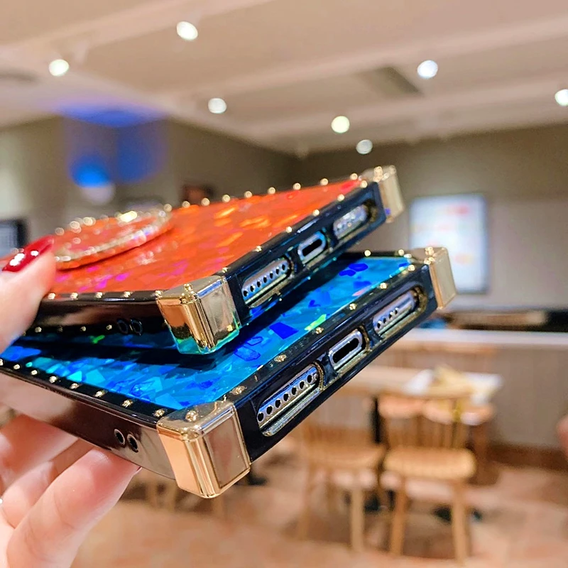 

Luxury Glitter Bling Square Phone Case For iPhone 12Pro MAX SE XS MAX XR 7 8 6 Plus Luxury Shining Ring Holder Stand Soft Cover