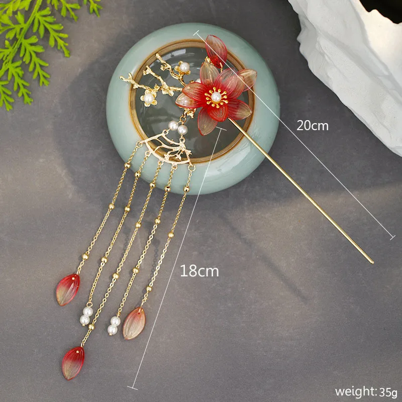 Длинные шпильки для волос с жемчугом и красными цветами FORSEVEN золотистые