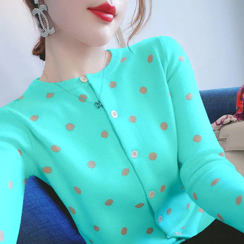 

New round dot knitted cardigan, slim fit, polka dot sweater and jacket