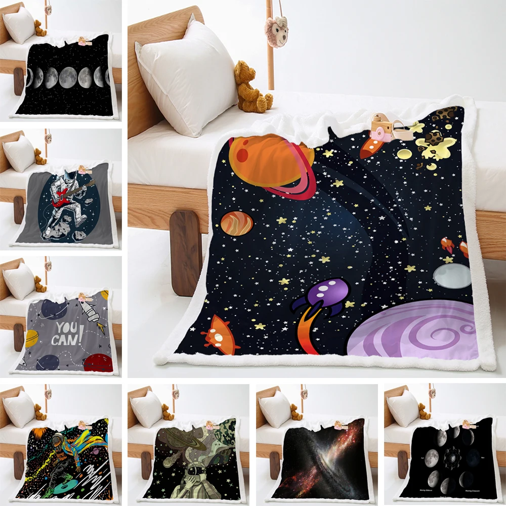 

Galaxy Planet Print Plush Blanket Boys Kids Fleece Throw Blanket for Couch Bed Sofa Astronaut Print Sherpa Blanket
