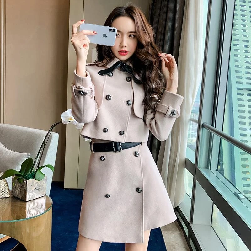 

Autumn winter Two Piece sets Women Double Breasted Wool Coat + Wool Skirt set Elegant Lady Long Sleeve Blend Coats Outerwear