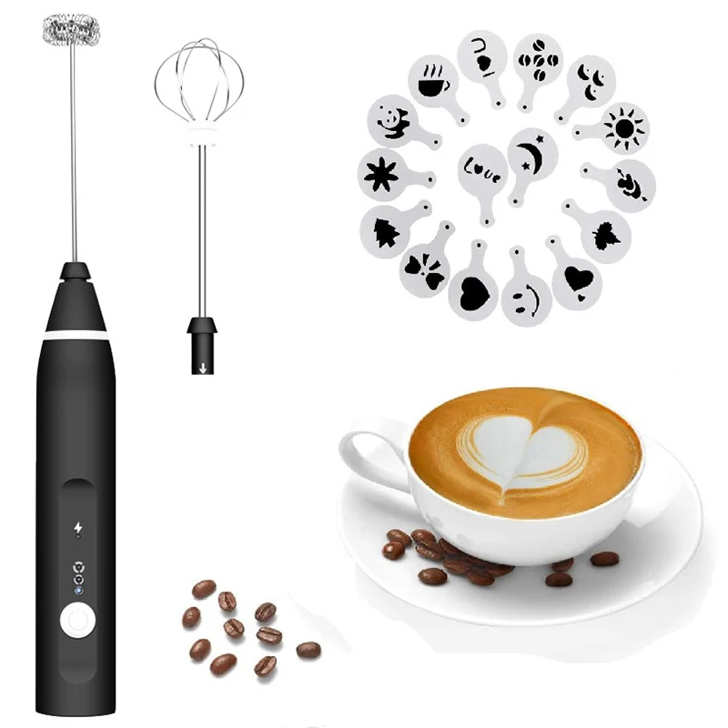 

Rechargeable Handheld Milk Frother With 2 Stainless Whisks 3-Speed Adjustable &Art Stencils Perfect For Coffee/Egg Mix
